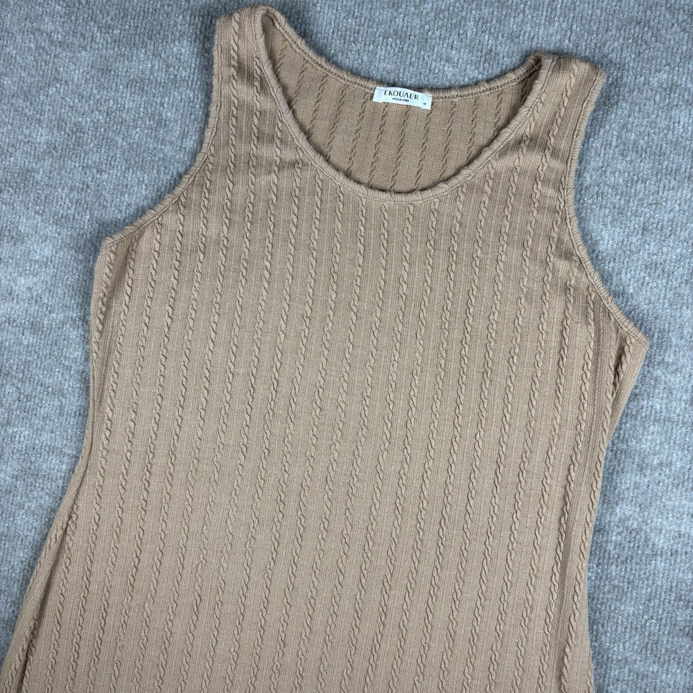 Ekouaer Women's Medium Tan Cable Knit Sleeveless Midi Dress Side Slit Stretch